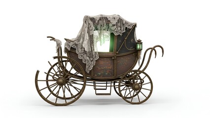 Fototapeta premium Haunted doll carriage A spectral journey with a missing wheel, on a blank white backdrop