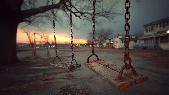 Old empty wooden swings on rusty chains hanging from a tree in an abandoned playground at sunset. Melancholy scene, vintage footage.