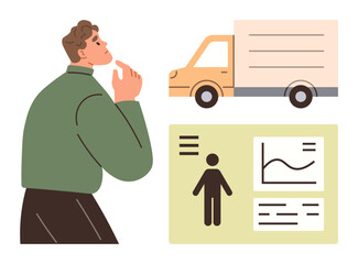 Thoughtful man considering logistics options, truck in motion, and statistical data on charts. Ideal for supply chain, delivery, planning, decision-making, management, analytics business strategy