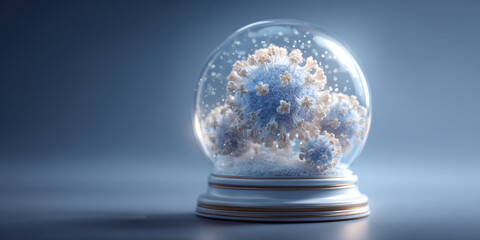 Blue coronavirus particle trapped inside a transparent snow globe with sparkling bokeh on a dark background, symbolizing holiday season health concerns and pandemic safety measures