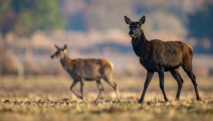 Two deer walking in a field during daytime.