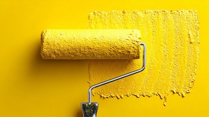 Yellow paint roller on yellow wall