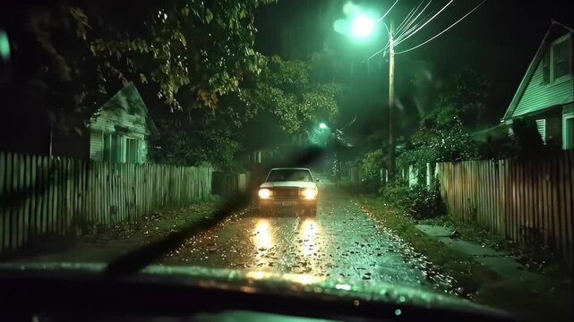 A car driving down a dark, wet street at night with streetlights glowing, reminiscent of a thriller or true crime scene, footage.
