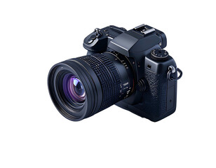 Sleek, dark-grey DSLR camera with a large, professional lens, angled slightly to the right, isolated on a black background.  The camera's details are sharp and meticulously rendered