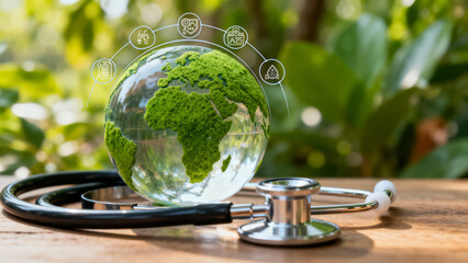Hse concept of global health and environment with stethoscope on wooden table in natural setting