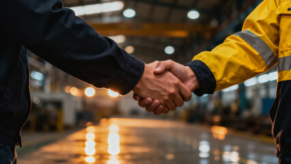 Hse handshake concept in industrial setting shows agreement and teamwork for safety success