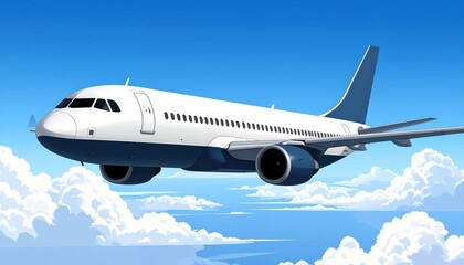 Fototapeta premium Cartoon airplane soars above fluffy white clouds in a blue sky, creating a whimsical sense of travel and adventure