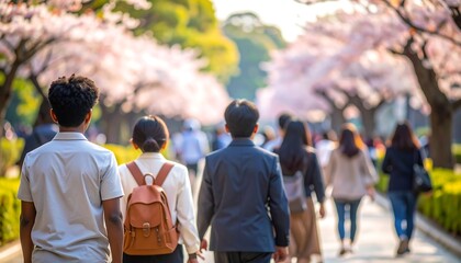 A crowd of individuals strolls beneath cherry blossom trees, creating a blurred effect with sunlight, suggesting a park or garden setting