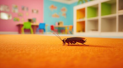 Pest Control Concept: Cockroach in Kindergarten Interior Emphasizing Sanitation Issues