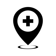 hospital location map pointer, cross icon with location pin, black filled symbol isolated on white background