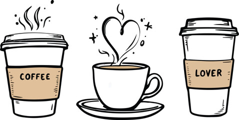 Obraz premium Hand Drawn Coffee Lover Vector Set: Takeaway Cups and Heart Steam Mug Sketch