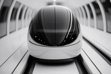 Sleek, futuristic transport capsule travelling through a tunnel, representing innovative and sustainable urban mobility solutions