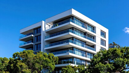 Obraz premium Modern white building with glass balconies under a clear blue sky, surrounded by lush green trees, showcasing clean architectural lines