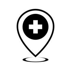 Obraz premium hospital location map pointer, cross icon with location pin, black filled symbol isolated on white background