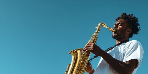 The saxophonist passionately plays under a clear blue sky.