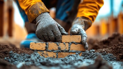 Professional Bricklayer Using Trowel and Mortar for Precise Construction Work