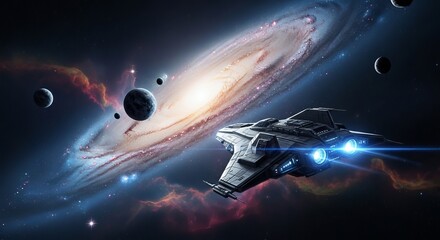 Fototapeta premium Futuristic Spaceship in Vibrant Galaxy Nebula Sci-Fi Digital Art with Cinematic Detail.