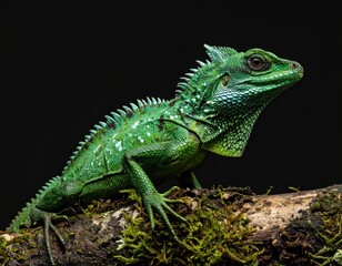 Obraz premium Vibrant green lizard with a spiky crest perches on a mossy branch against a dark backdrop, exuding an exotic, reptilian aura