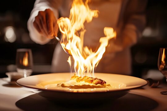 Professional chef using a spoon to flambe a dessert, creating a burst of flames tableside in a fine dining restaurant