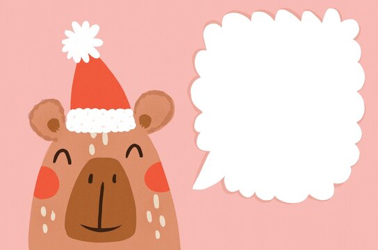 Cute capybara in Santa hat on pink background with speech bubble