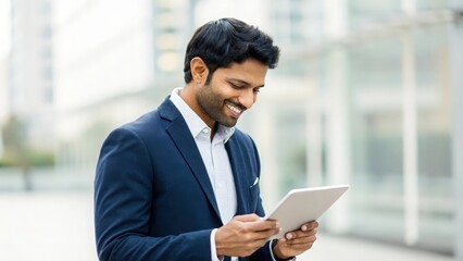 Young Indian businessman working on tablet &mdash; expressing positivity and productivity