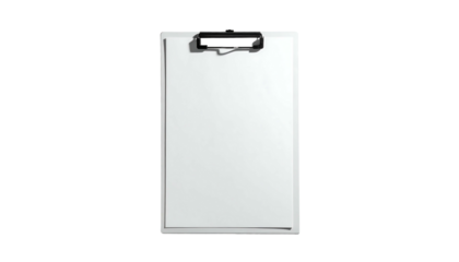 A clean, white clipboard with a black clip, holding a blank sheet of paper,  isolated on a black background
