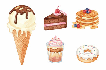 watercolor flat illustration of desserts collections