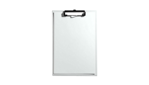A clean, white clipboard with a black clip, holding a blank sheet of paper,  isolated on a black background