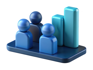 Business teamwork and performance growth with blue bar graph analysis representation 3d illustration isolated on transparent background