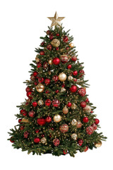 Decorated evergreen tree with golden star and red gold ornaments isolated on a transparent background