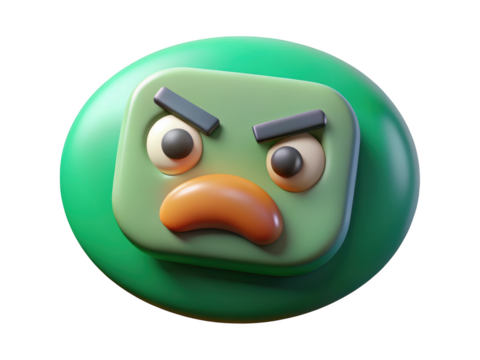 Cartoon grumpy emoji face in green tones and background 3d illustration isolated on transparent background - Powered by Adobe