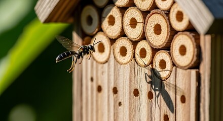 Bees and insect hotel, close-up shot, sunny day, natural habitat.
