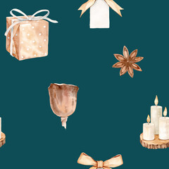 Watercolor Christmas Seamless Pattern with Gifts, Candles and Bows