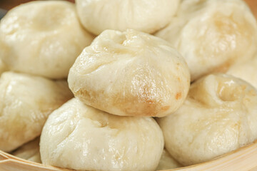 Traditional Chinese Xiao Long Bao Soup Dumplings Fresh Steamed in Bamboo Basket