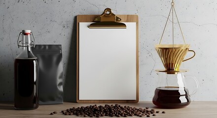 Coffee brewing setup with beans, bag, bottle, and pourover dripper on a wooden table