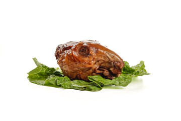 Spicy Marinated Rabbit Head Shuangliu Style Traditional Chinese Dish on Lettuce Leaves