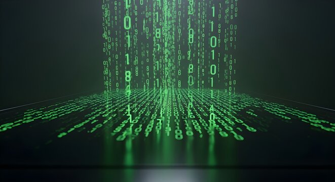 Digital binary code rain falling over dark surface, cinematic matrix effect, mysterious sci-fi feel