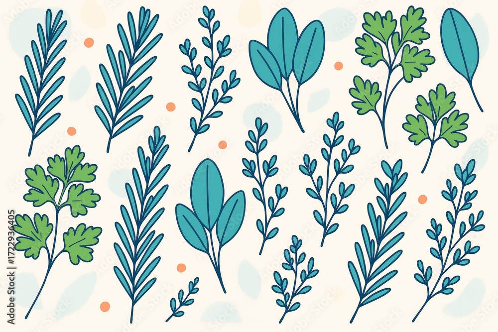 Poster hand-drawn culinary herb leaves pattern with light background and abstract dots for decorative botan
