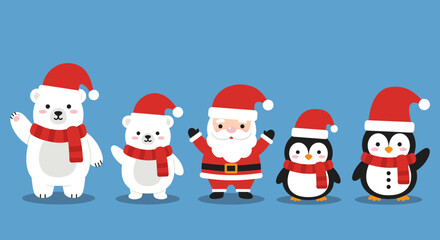 Fototapeta premium A cute Christmas illustration featuring two polar bears, Santa Claus, and two penguins, all wearing Santa hats and red scarves, standing together on a blue background in a festive holiday style.