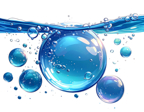 Submerged lustrous blue spheres of varying sizes, encircled by smaller bubbles, rise from a rippling water surface