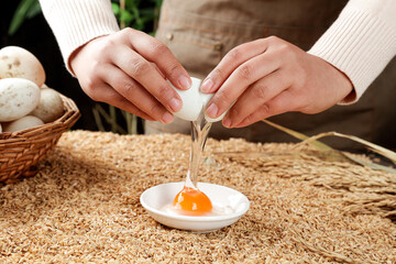 Fresh Duck Egg with Orange Yolk Being Cracked by Hands in Rustic Kitchen Setting