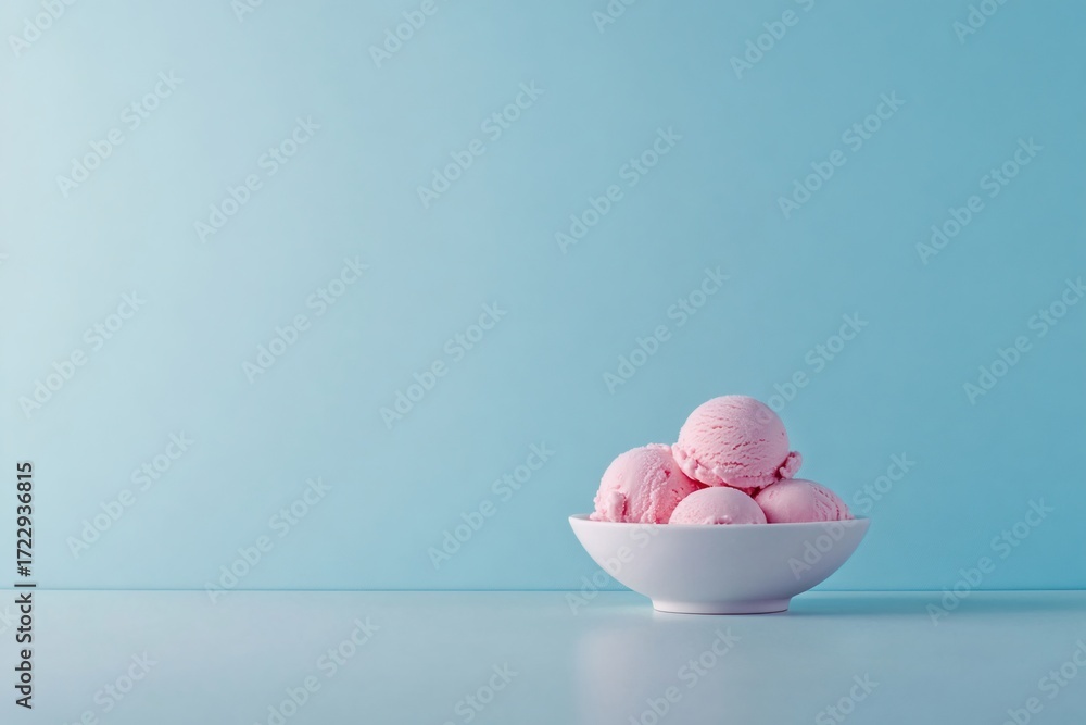 Poster Strawberry ice cream scoops resting in a white bowl on a clean blue backdrop, creating a simple yet appealing visual
