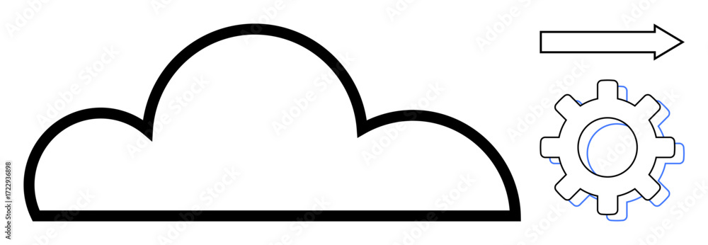 Poster cloud outline, gear wheel, and arrow represent cloud computing, automation, technology, innovation, 