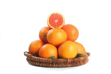 Fresh Blood Oranges and Citrus Fruits in Wicker Basket on White Background