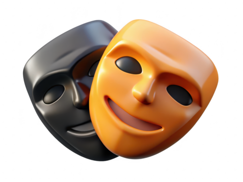 Comedy and tragedy masks set dramatic expression theater concept 3d illustration isolated on transparent background