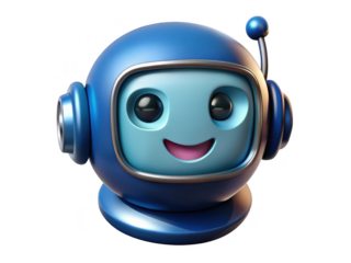 Cute blue robot head with antenna smiling on background 3d illustration isolated on transparent background