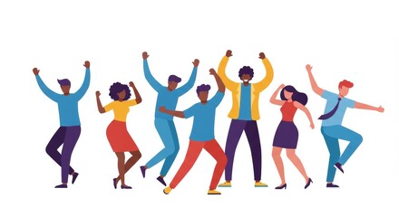 Group of young people jumping and dancing with joyful expressions, celebrating energy, friendship, and positivity.