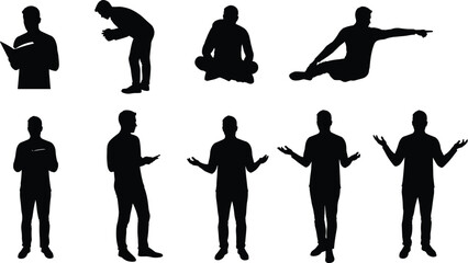 Collection of full black male silhouette poses in different standing, sitting, reading, pointing, and gesturing positions on white background