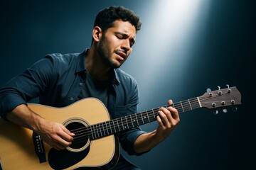 Man playing acoustic guitar with emotion under spotlight on dark abstract background, expressing passion for music in dramatic atmosphere. Ai generative