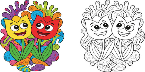  Happy Cartoon Tulips with Colorful Abstract Background